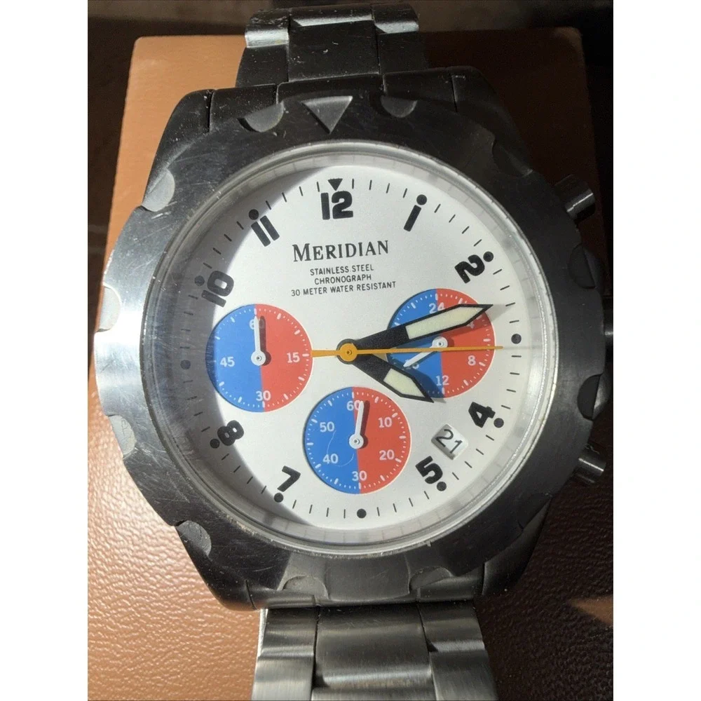 Meridian Men's Chronograph‎ Watch Stainless Steel White Dial 30M Water Resistant